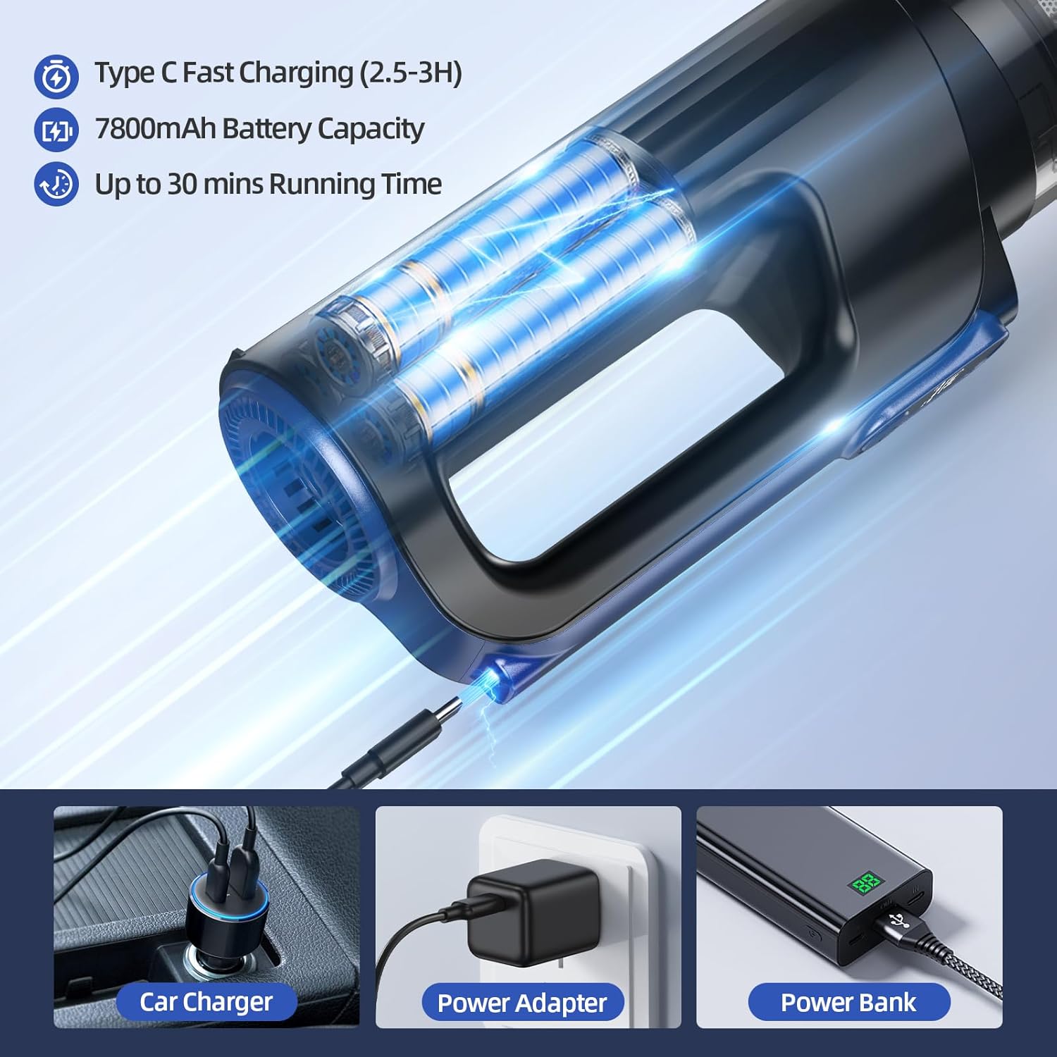 Car Vacuum Portable Cordless, 18000Pa 2 in 1 Vacuum Cleaner&Air Duster, 130W Brushless Motor Handheld Vacuum Cordless with 7800Mah Battery, LED Light, Multi-Nozzles for Car, Home, Office, Pet